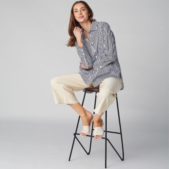 NWT Isaac Mizrahi Cotton Sateen Printed Black & White Striped Classic Shirt - Picture 1 of 4